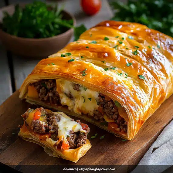 Roulé feuilleté garni de viande, légumes et fromage prêt à enfourner