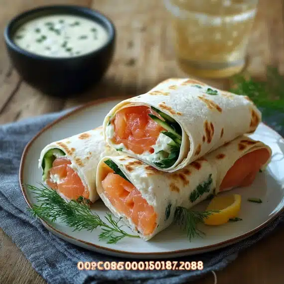 Présentation de wraps froids sur planche en bois avec roquette