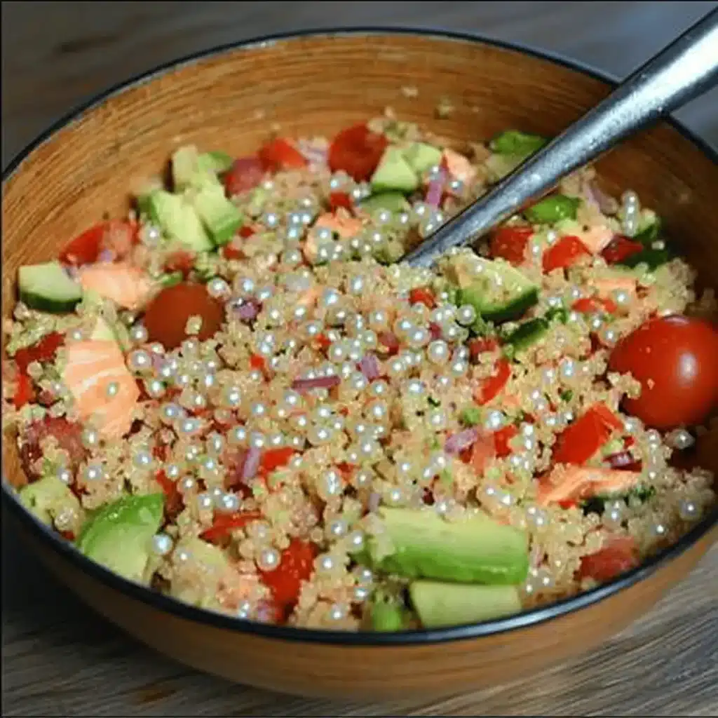 SALADE DE PERLES, AVOCAT, SAUMON, SURIMI et TOMATES