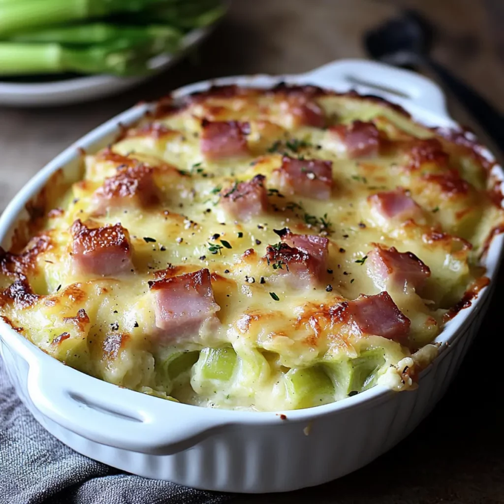 Gratin de poireaux au jambon et à la béchamel