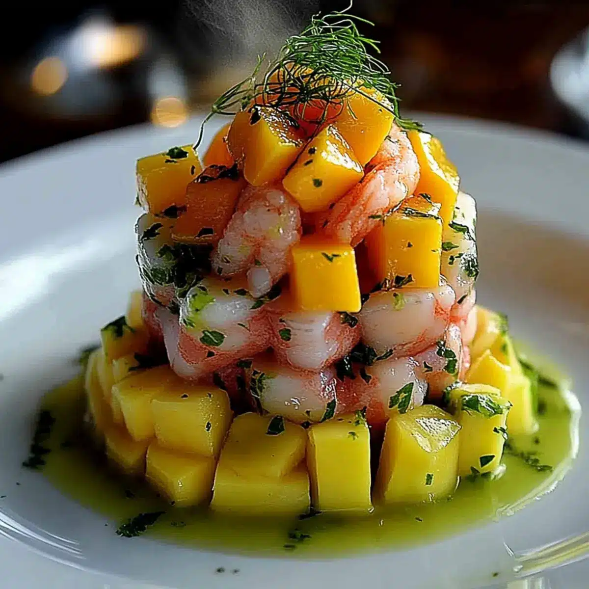 Tartare crevettes, avocat et mangue frais et coloré - Close-up of delicious texture