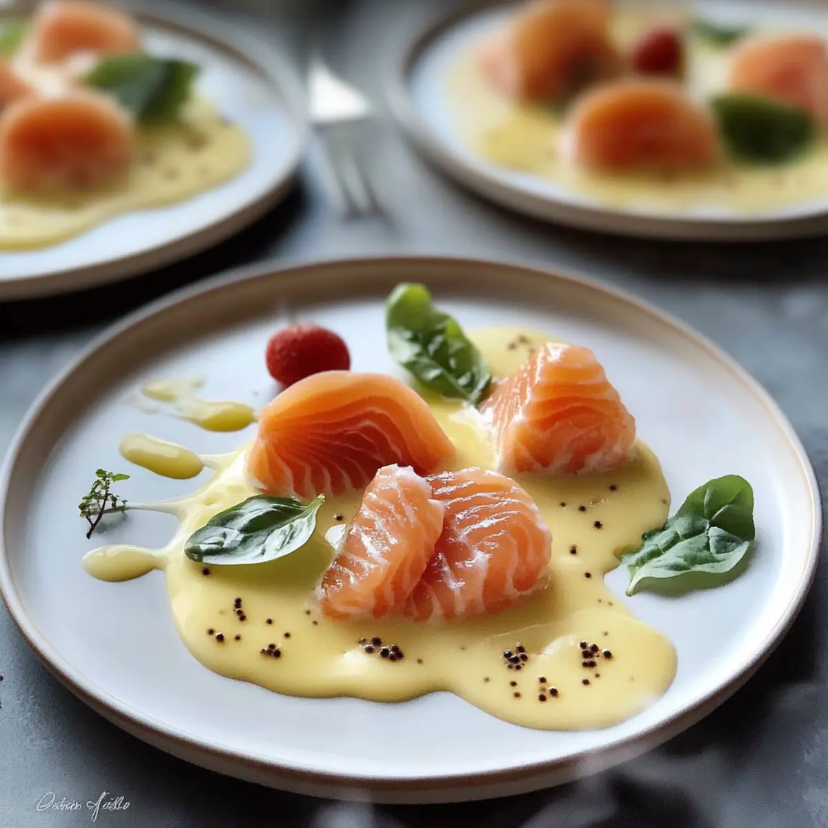 Assiette de saumon fumé aux fruits frais - Finished dish plated beautifully