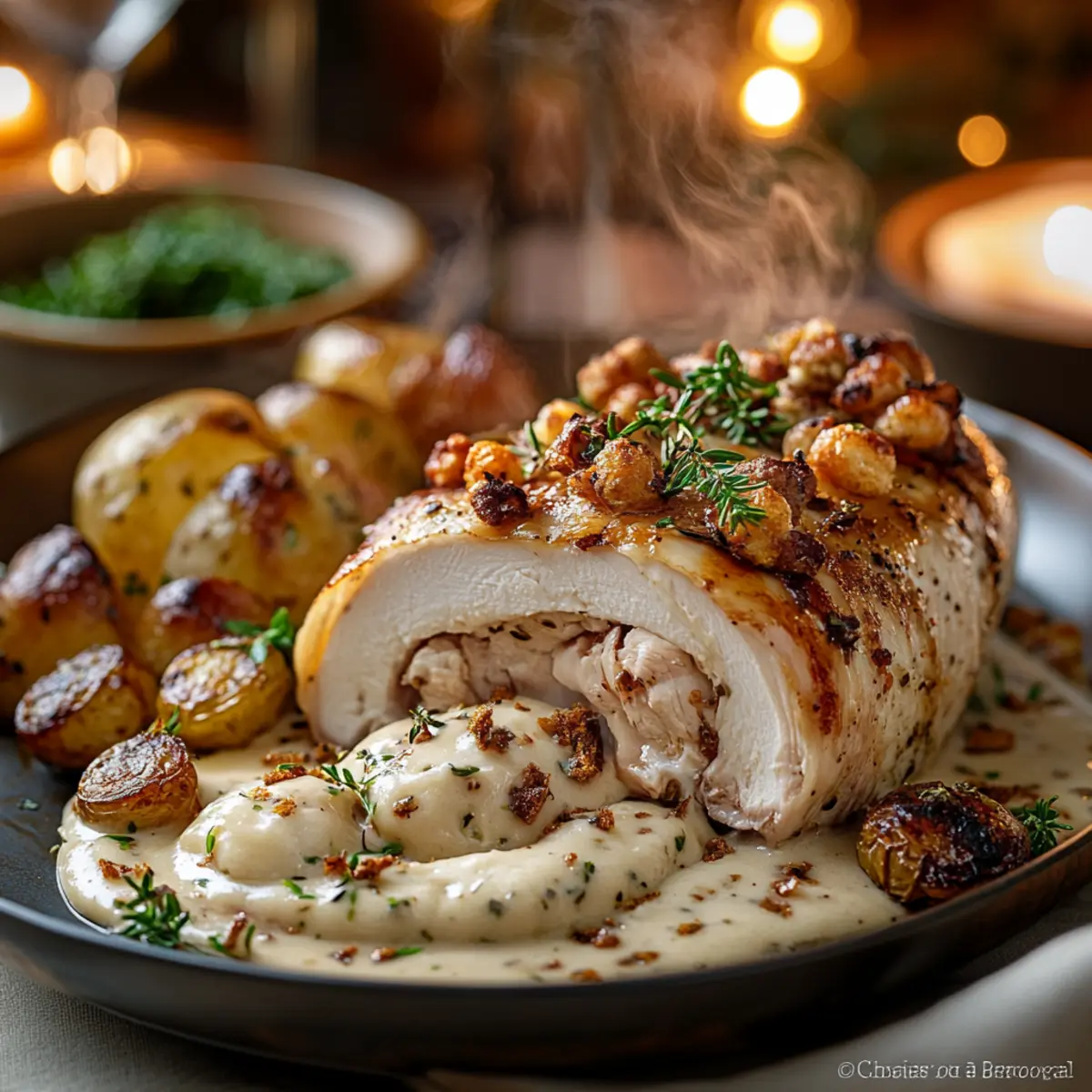 Ballotine de Poulet de Bresse farcie aux Morilles - Close-up of delicious texture
