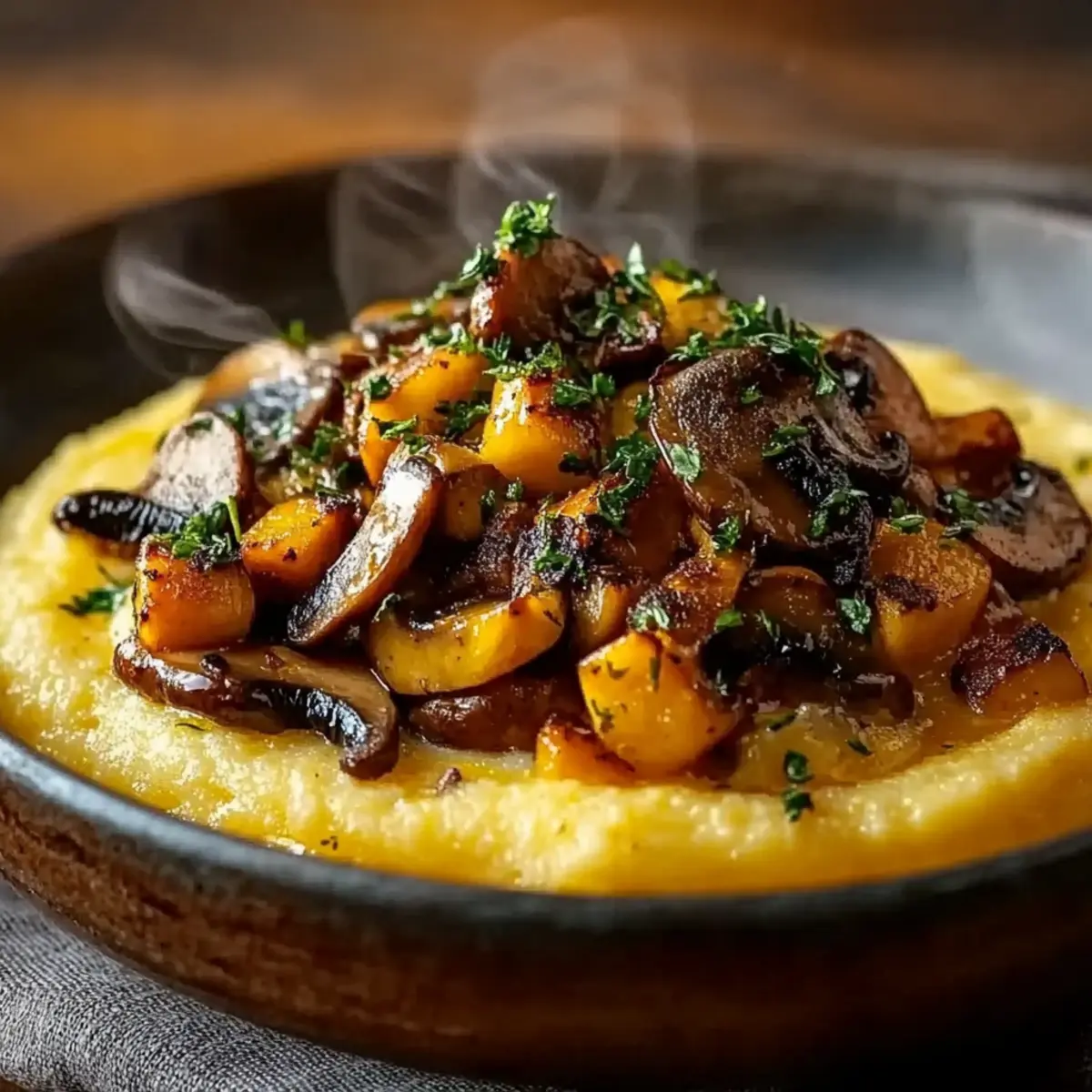Polenta Crémeuse, Courge Rôtie et Champignons Poêlés : Bowl Gourmand