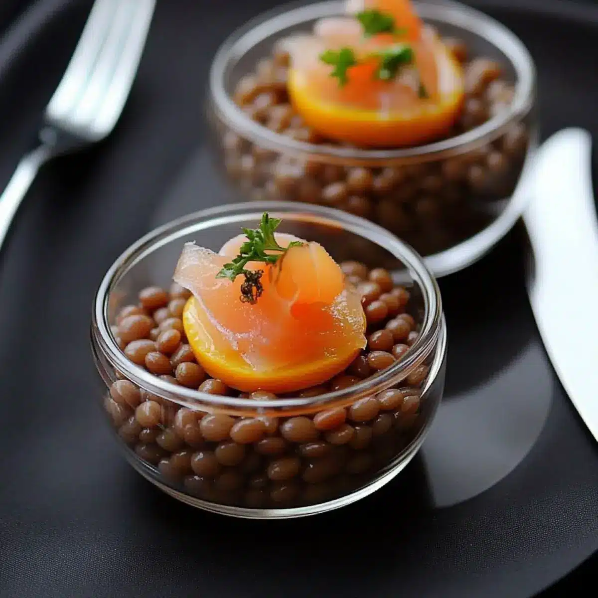 Verrines de Lentilles à l’Orange & Saumon Fumé - Finished dish plated beautifully