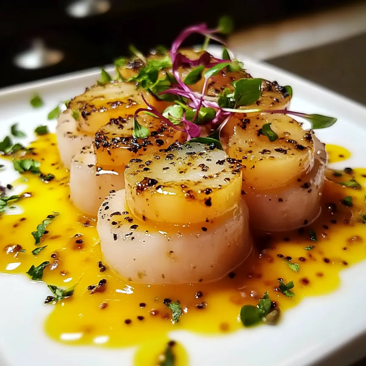 Carpaccio de Saint-Jacques Vinaigrette Mangue-Passion - Close-up of delicious texture