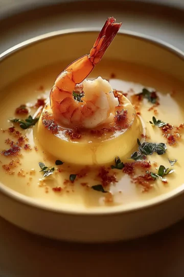 Panna Cotta à la Bisque de Homard, Crevettes au Cognac