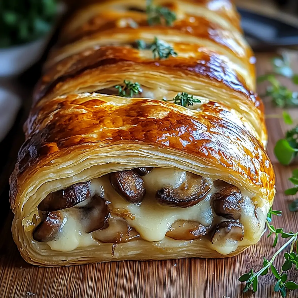 Savory Mushroom & Gruyère Puff Pastry Braid - Finished dish plated beautifully