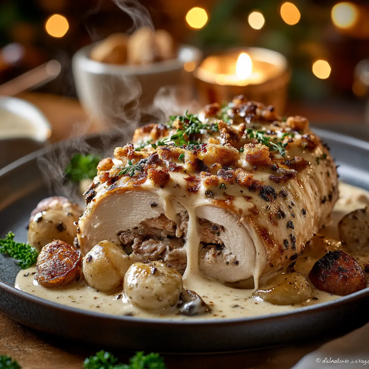 Ballotine de Poulet de Bresse farcie aux Morilles - Finished dish plated beautifully