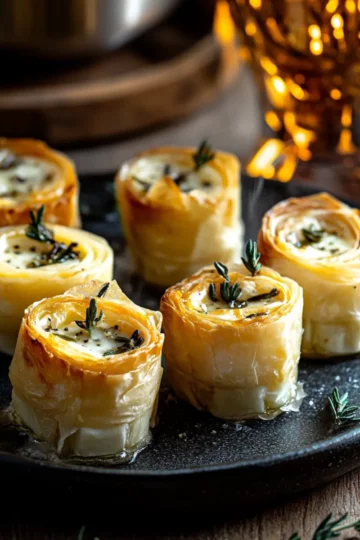 Bouchées croustillantes de pâte filo/feta/noix/miel et romarin