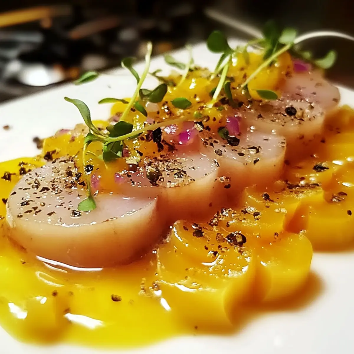 Carpaccio de Saint-Jacques Vinaigrette Mangue-Passion - Finished dish plated beautifully