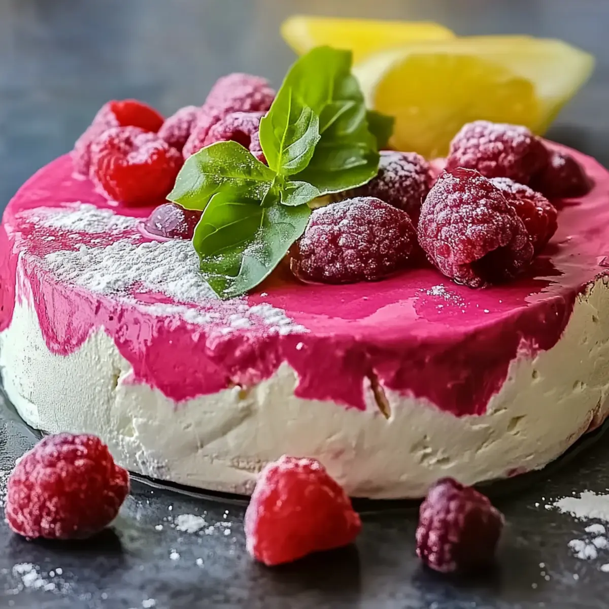 Gâteau servi avec quelques framboises sur le dessus